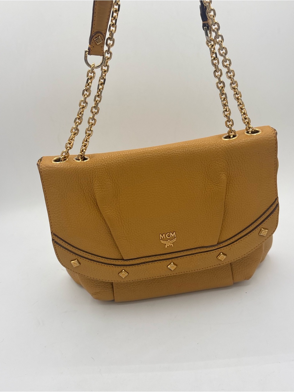 MCM Mustard Yellow Pebbled Leather Shoulder Bag with Gold Chain
